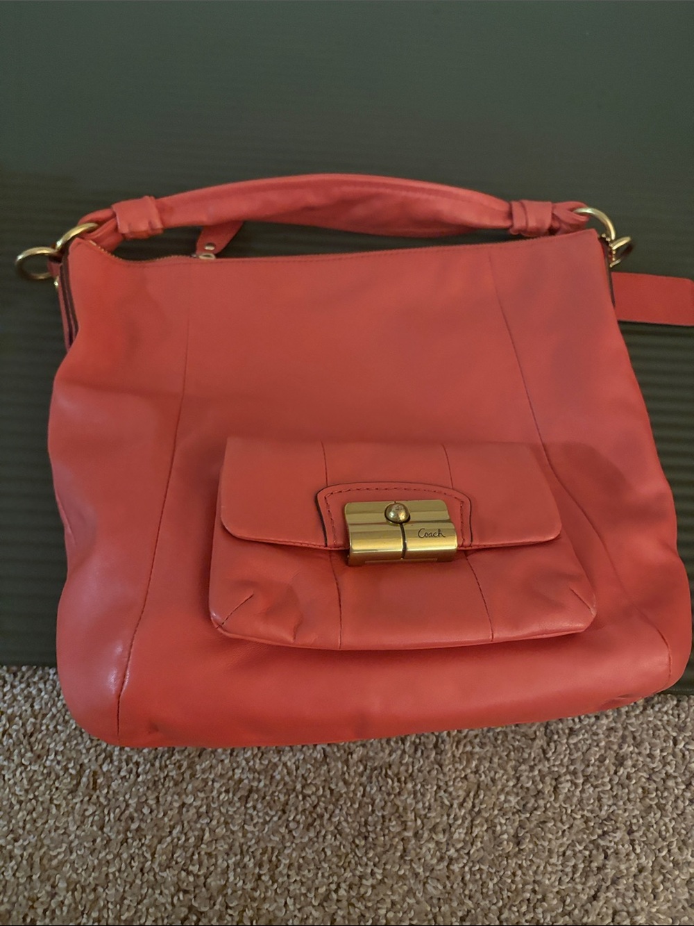 Coach Coral-Red Leather Shoulder Bag with Front Turnlock Pocket